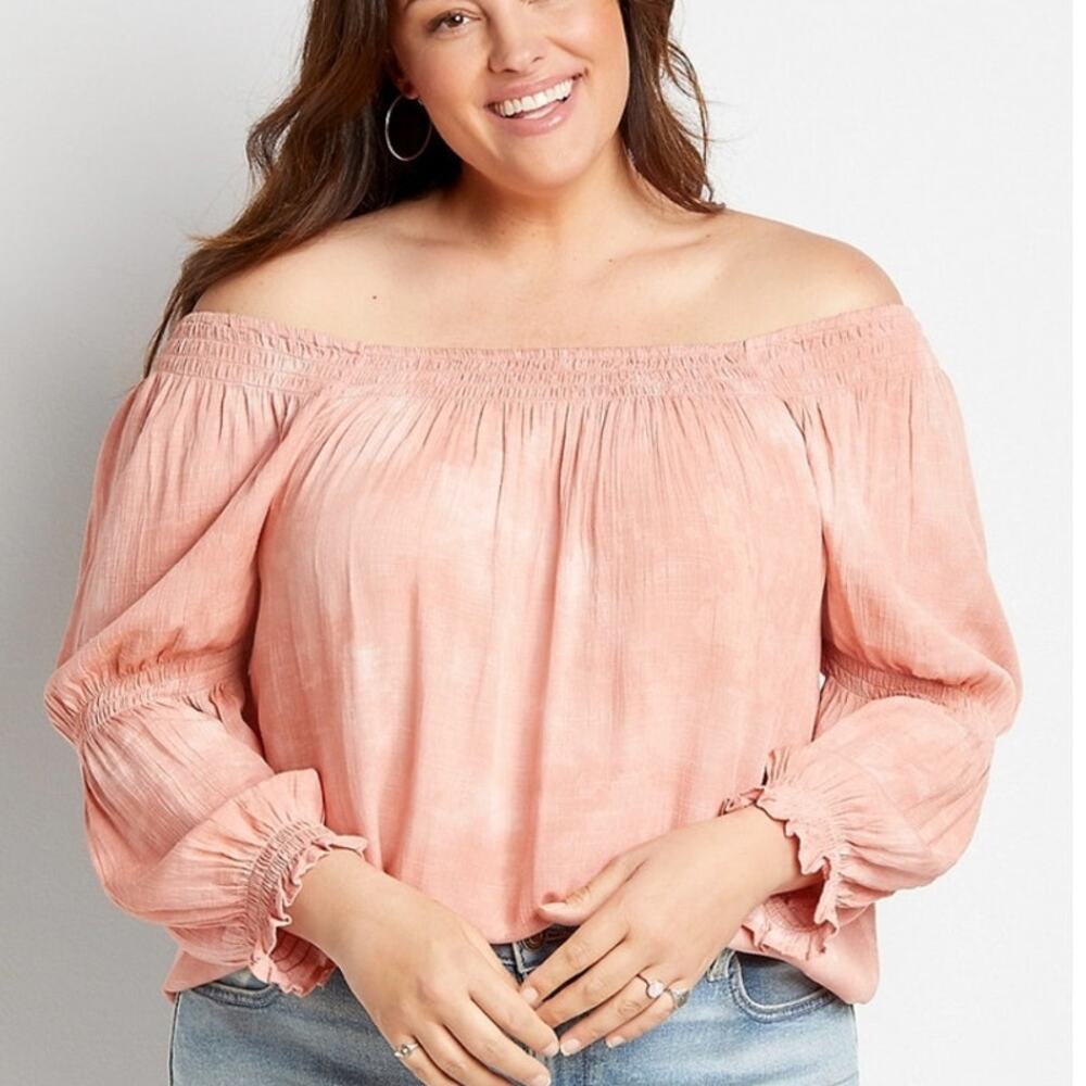 Maurices pink tie dye smocked‎ off the shoulders blouse woman's size 1X